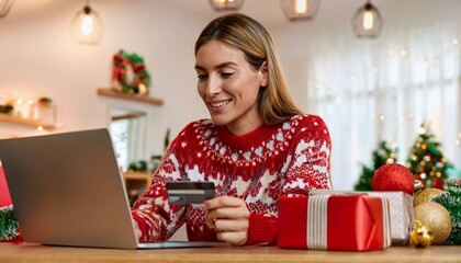 Christmas season, a woman in a cozy festive sweater is joyfully using her laptop and credit card to browse online for holiday gifts