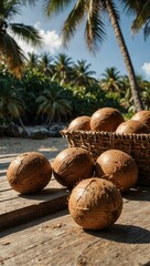Tropical Beach Scene with Coconuts on a Deck, Evoking Relaxation