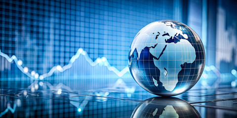 Global Finance Concept: Planet Earth Reflected Through a Glass Panel Featuring an Abstract Stock Chart with Blue Background and Gray Line Graph, Resting Atop a Glossy Sphere Against a Clean White Back