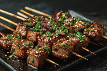 Beef teriyaki with a sticky-sweet sauce and garnished with sesame seeds and green onions. Kobe wagyu beef, Wagyu A5 beef, Shabu Shabu, shabu-shabu with beef, premium beef set, japan local dish