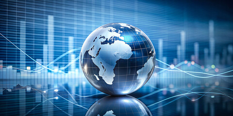 Global Finance Concept: Planet Earth Reflected Through a Glass Panel Featuring an Abstract Stock Chart with Blue Background and Gray Line Graph, Resting Atop a Glossy Sphere Against a Clean White Back