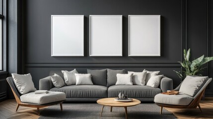Modern Living Room with Three Empty Frames