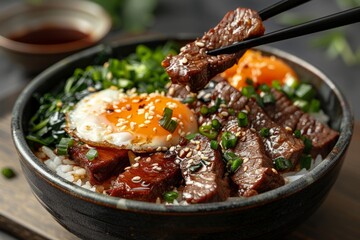 Bamboo chopsticks, Kobe Wagyu beef dishes with a rice bowl. Grilled beef slices, Sukiyaki...