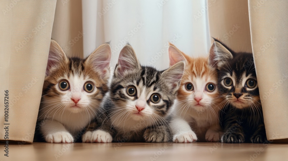 Poster four kittens are laying on the floor in a row