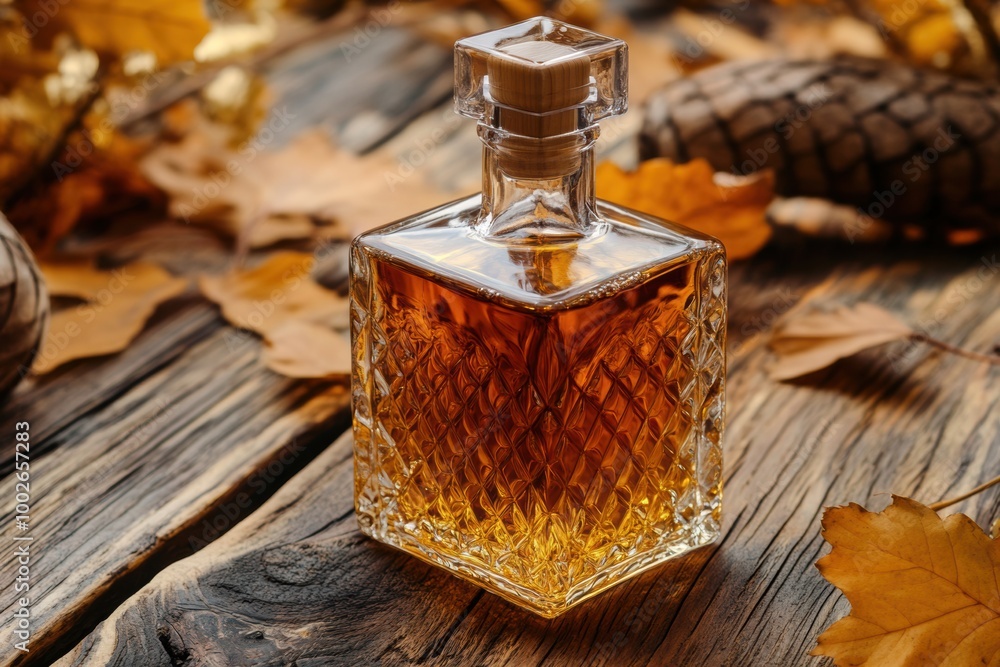 Poster Close-up of a whiskey bottle resting on a rustic wooden surface surrounded by autumn leaves and pine cones in warm lighting. Generative AI