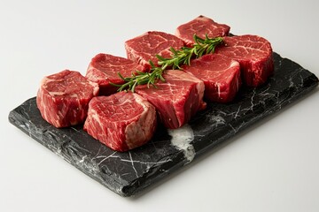 Assorted premium beef cuts on wooden board. Sliced Wagyu A5 beef. Wagyu a5 beef sashimi slices, beef sashimi, slices of beef sashimi. Kobe wagyu beef