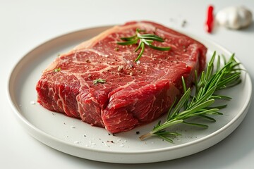 Fototapeta premium Minimalist mockup single Wagyu A5 beef steak, Sukiyaki, chopsticks holding beef, Kobe wagyu beef, Wagyu A5 beef, Shabu Shabu, premium beef set