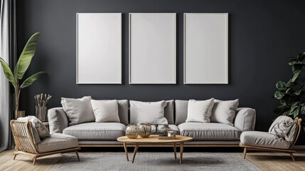 Modern Living Room Interior with Three Blank Canvas Frames