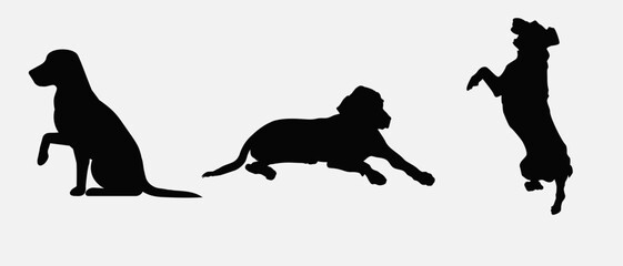 Dog silhouette collection vector. Dog in various poses and activities like jumping, sitting, running, playing, and standing. Silhouette black puppies, pet dog vector