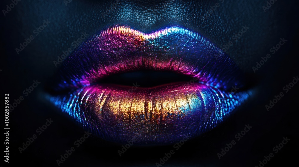Poster glossy, vibrant lips shine with a colorful, lustrous finish in a captivating close-up shot taken in 