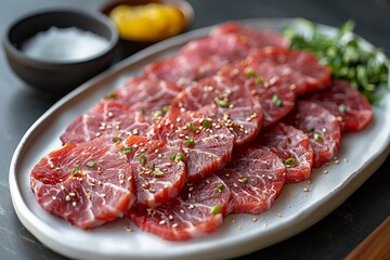 Wagyu a5 beef sashimi slices. beef sashimi, slices of beef sashimi. Sukiyaki, chopsticks holding beef. Kobe wagyu beef, Wagyu A5 beef, Shabu Shabu, premium beef set