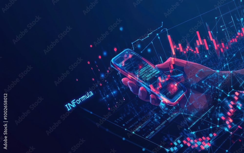 Aufkleber digital hand holding a smartphone with data and graphs