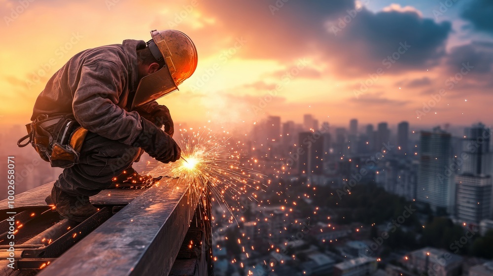 Poster a man is working on a building with sparks flying