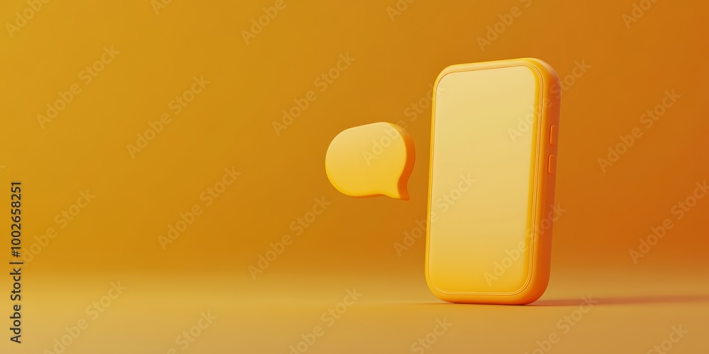 Poster a modern 3d rendering of a yellow smartphone with a speech bubble, representing digital communicatio