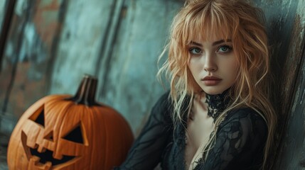 Fototapeta premium Dark Gothic Halloween Aesthetic with Pumpkins and Mysterious Girl