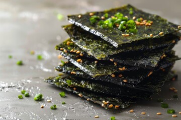 Nori seaweed chips, Minimalist mockup of a single nori seaweed chip, Korean seaweed. Crispy Nori Sheets, nori seaweed chips, seaweed chips, Crispy nori or dried seaweed, Crispy roasted seaweed chips