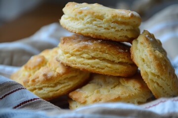 Stack of homemade biscuits on a striped cloth. Food close-up shot. Baking and culinary concept for design and print.