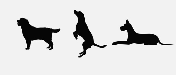Dog silhouette collection vector. Dog in various poses and activities like jumping, sitting, running, playing, and standing. Silhouette black puppies, pet dog vector
