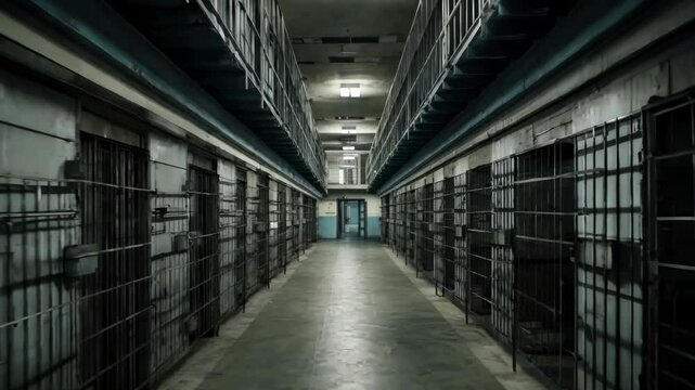 Prison building interior, corridor and cells 