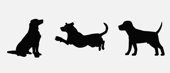 Dog silhouette collection vector. Dog in various poses and activities like jumping, sitting, running, playing, and standing. Silhouette black puppies, pet dog vector