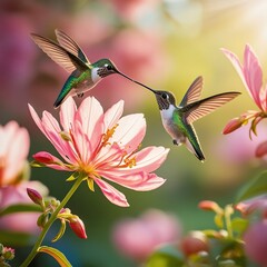 Fototapeta premium Hummingbirds in Harmony: Vibrant Flight Among Blossoms