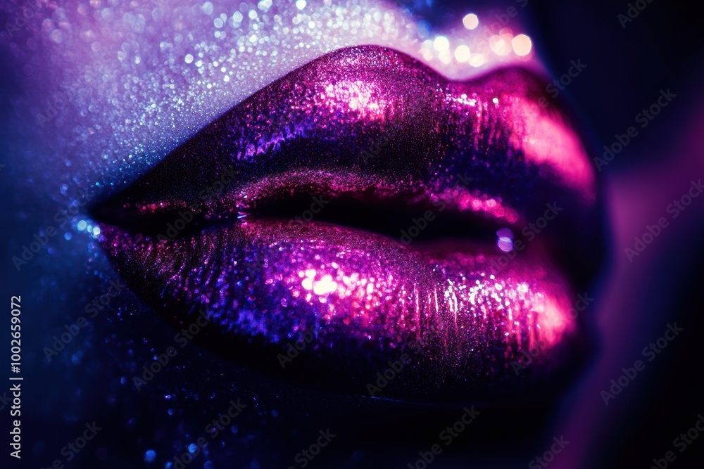 Poster close-up of glossy lips with a vibrant finish showcasing striking colors against a dark background i