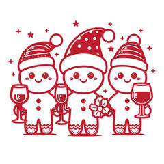 Three cute gingerbread characters holding wine glasses celebrate Christmas with festive cheer. Cartoon red vector illustration