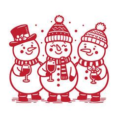 Happy snowmen enjoy holiday festivities, holding wine glasses, dressed in cozy scarves and hats. Perfect for Christmas party. Cute snowman vector illustration in cartoon style