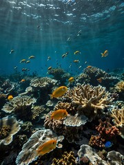 Underwater scene of fish swimming among coral.