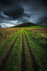 Fototapeta premium Tire Tracks Across A Field in Scottish Countryside with Dark Clouds