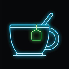 Neon sign illuminating a cup of tea with a tea bag and spoon, perfect for cafe and restaurant themes