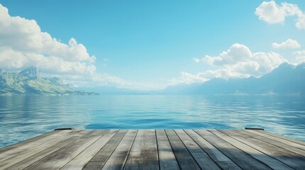 Obraz premium Standing on a wooden platform with the ocean stretching infinitely ahead, framed by coastline and mountains on the sides