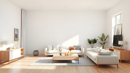 Fototapeta premium Minimalist living room with wide wall mock-up background