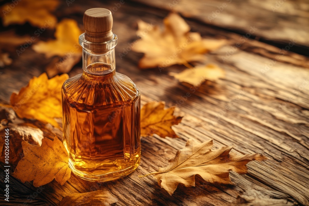 Poster close-up of a whiskey bottle surrounded by autumn leaves on a rustic wooden surface during the cozy 