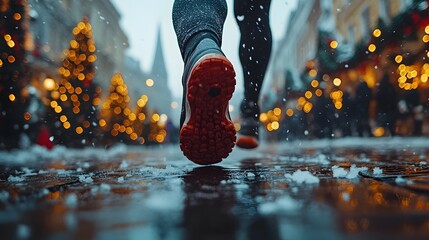 Runners competing in a 10K race along a city street lined with holiday decorations