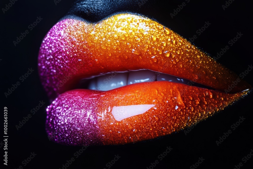 Poster Close-up of vibrant, glossy lips with a shiny finish in a colorful gradient, accentuated by a dark background for contrast. Generative AI