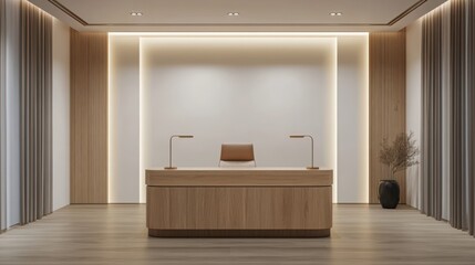 Mock up frame in an empty office with only a wooden desk and warm white walls, no decorations