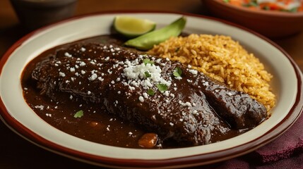 Plate of Mexican mole enchiladas with rice and beans