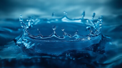 A stunning close-up of water droplets creating a crown shape, showcasing the beauty and dynamics of liquid movement, in blue tones.
