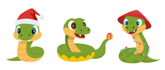 Three cartoon snakes. Flat cartoon vector illustration