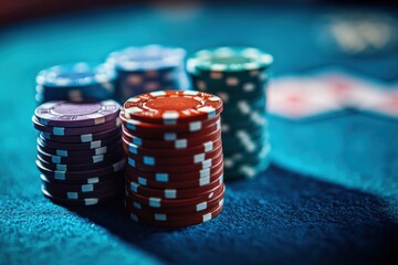 A vibrant casino table showcasing stacks of colorful poker chips during an exciting game night. Generative AI