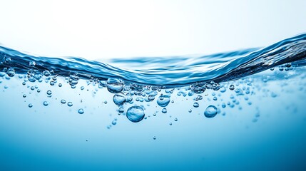 Gentle waves and bubbles create a serene underwater scene, evoking tranquility and harmony of nature in soft blue tones.