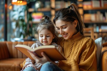 Young happy mother and her little daughter reading a book together