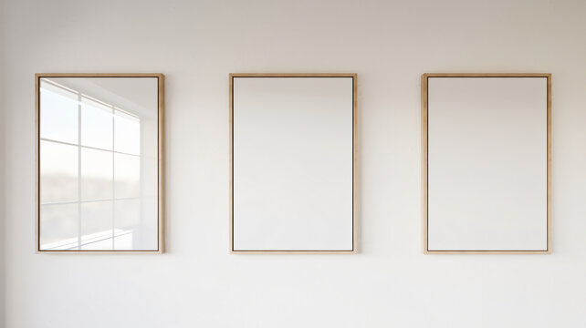 Three empty frames hanging on a wall in a white room