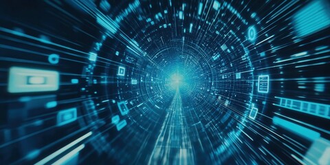 A vibrant digital tunnel with glowing blue lights and data streams, symbolizing advanced technology and innovation.