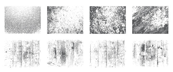Grunge noise and wooden boards texture set. Isolated vector patterns on white background