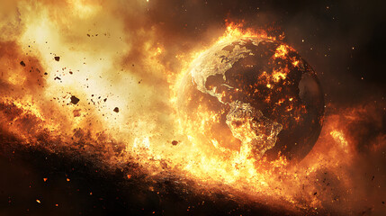 Fototapeta premium planet earth is burning, the world in fire concept, war global pollution concept burnt png illustration realistic render burned map geography digital artistic artwork 2d save the world abstract land
