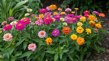 Fototapeta premium Vibrant zinnias blooming in a garden during late spring, showcasing a colorful array of pinks, oranges, and yellows among lush greenery
