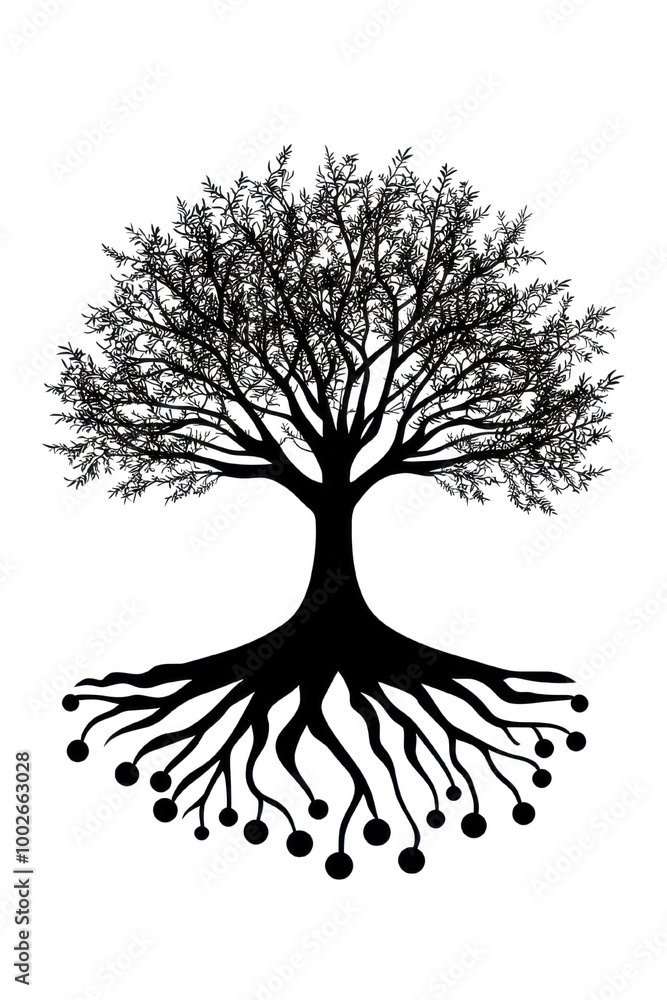 Poster elegant tree design with detailed roots and branches on transparent background