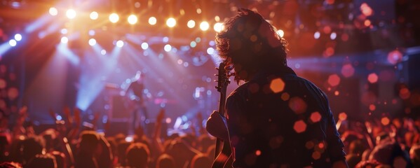 Musician Playing Guitar on Stage with Cheering Crowd